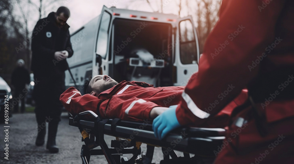 stockphoto, paramedic transporting a victim of a car accident on a stretcher, ambulance in the background. Medical personel on an car crash scene, transporting a traffic accident victim on a stretcher - obrazy, fototapety, plakaty 