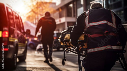 stockphoto, paramedic transporting a victim of a car accident on a stretcher, ambulance in the background. Medical personel on an car crash scene, transporting a traffic accident victim on a stretcher © Dirk
