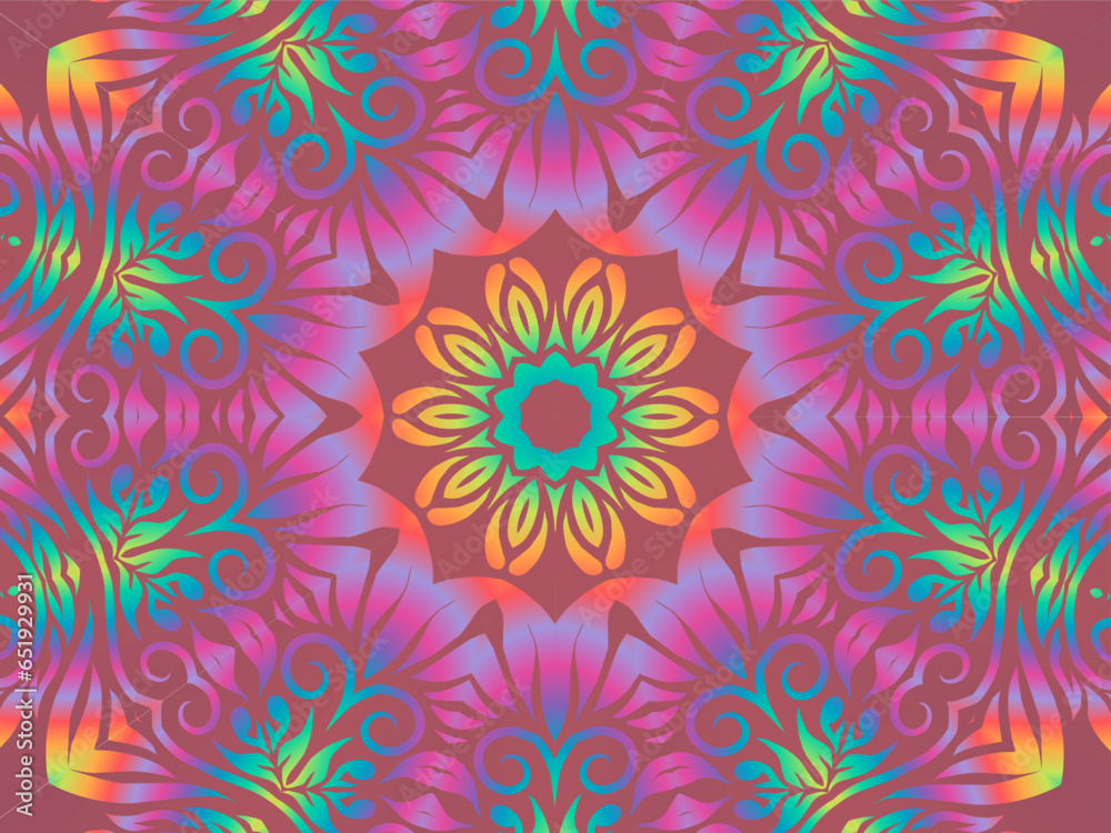 Beautiful colourful caleidoscope gradient batik ethnic dayak flowers line art pattern