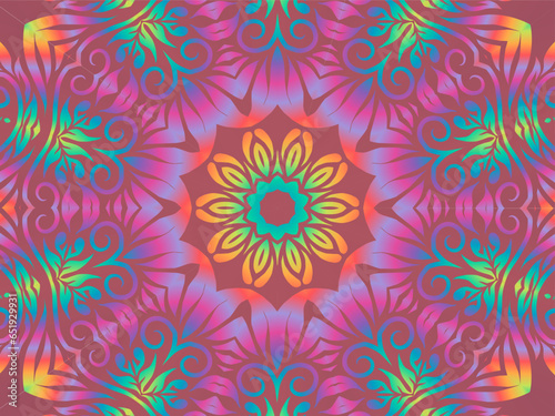 Beautiful colourful caleidoscope gradient batik ethnic dayak flowers line art pattern