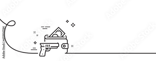 Armed robbery line icon. Continuous one line with curl. Money fraud crime sign. Thief with gun steal cash symbol. Armed robbery single outline ribbon. Loop curve pattern. Vector