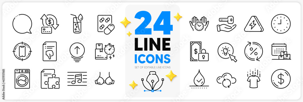 Icons set of Capsule pill, Thumb down and Waterproof line icons pack for app with Strategy, Bra, Swipe up thin outline icon. Dollar money, Private payment, Smartphone target pictogram. Vector