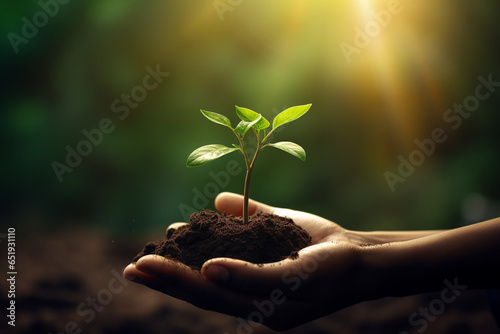 plant ecology concept in hand nature background