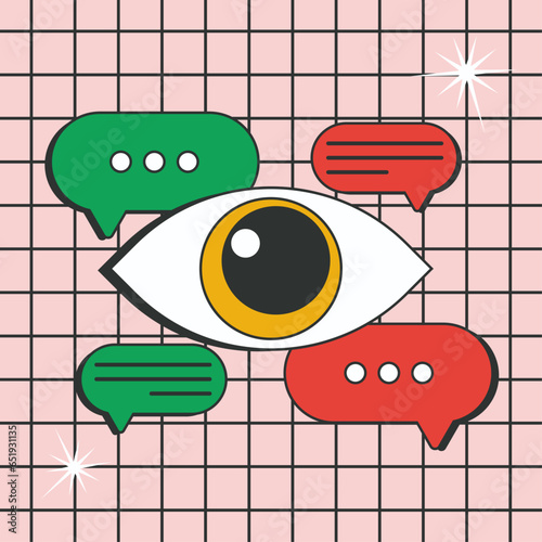 Chat in messengers, balloons and icons for communication style of the 80s and 90s. Vector Illustrations.