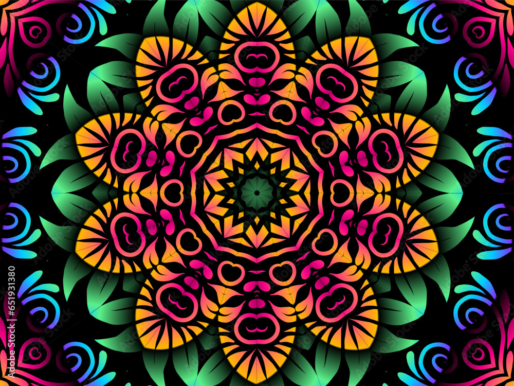 Beautiful colourful caleidoscope gradient batik ethnic dayak flowers line art pattern