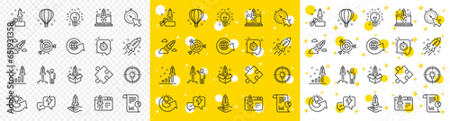 Launch Project, Business report, Target icons. Startup line icons. Strategy, Development plan, Startup space rocket. Air balloon, Out of the Box strategy and Business innovation report. Vector