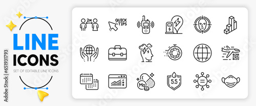Transmitter, Stress and Portfolio line icons set for app include Social distancing, Calendar, Medical mask outline thin icon. Organic tested, Web traffic, Charging station pictogram icon. Vector