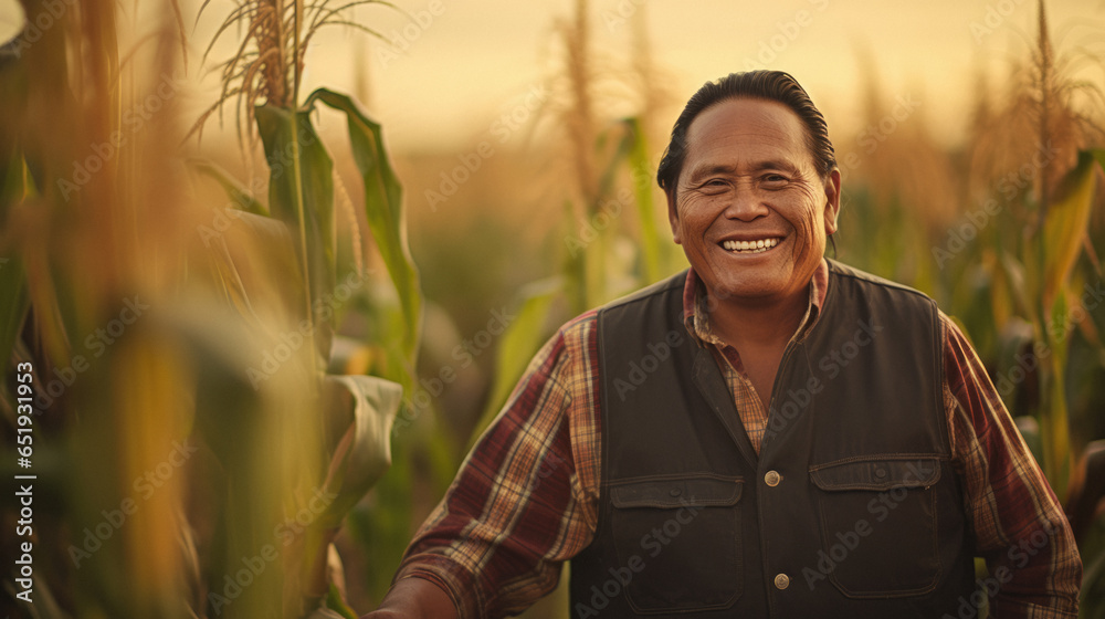 Portrait of a Native American Indian farmer in a corn field - obrazy, fototapety, plakaty 