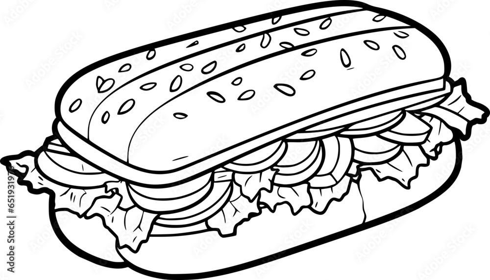a black and white outline drawing of hotdog