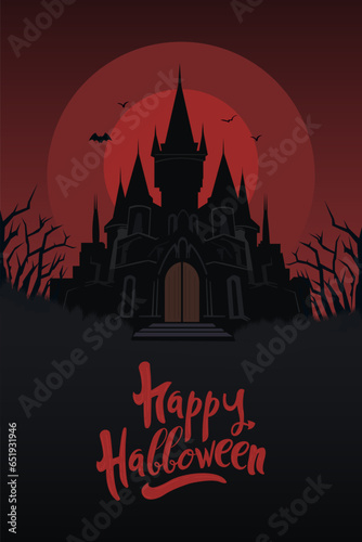 Fotografía Halloween vertical background with haunted house or castle, full moon and bats
