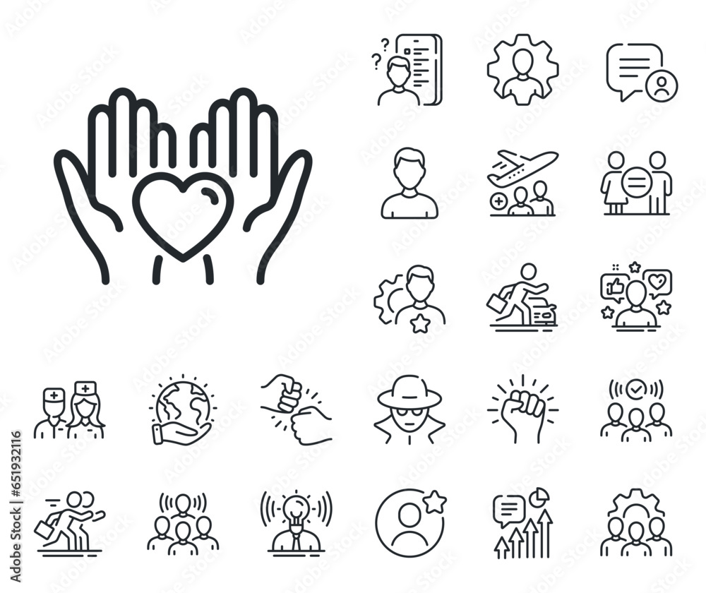 Fototapeta premium Friends love sign. Specialist, doctor and job competition outline icons. Hold heart line icon. Friendship hand symbol. Hold heart line sign. Avatar placeholder, spy headshot icon. Vector
