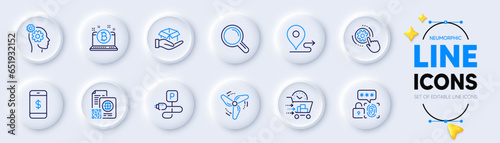 Biometric security, Journey and Cogwheel settings line icons for web app. Pack of Research, Hold box, Qr code pictogram icons. Food delivery, Charging parking, Smartphone payment signs. Vector