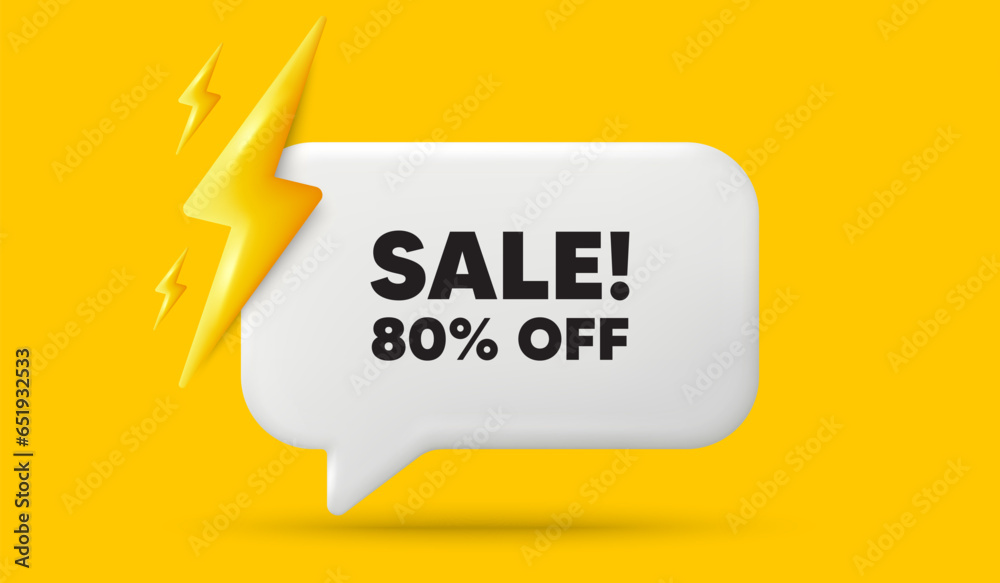 Sale 80 percent off discount. 3d speech bubble banner with power energy. Promotion price offer sign. Retail badge symbol. Sale chat speech message. 3d offer talk box. Vector Sale 80 percent off discount. 3d speech bubble banner with power energy. Promotion price offer sign. Retail badge symbol. Sale chat speech message. 3d offer talk box. Vector