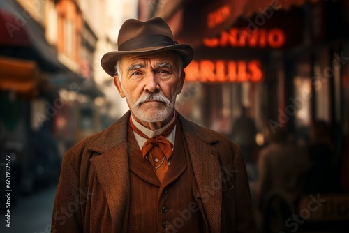 Intrigued American man look at old city. 1920 year. Generate Ai © juliars