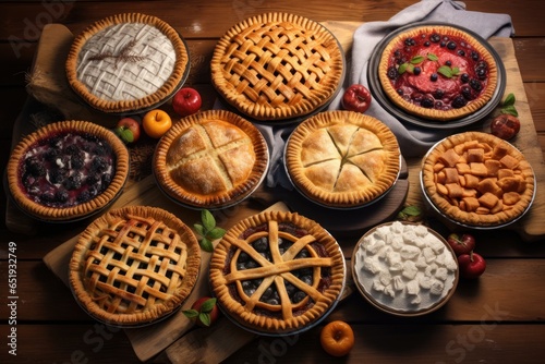 A collection of different types of pies beautifully arranged on a table. Perfect for food blogs, recipe websites, or baking-related articles.