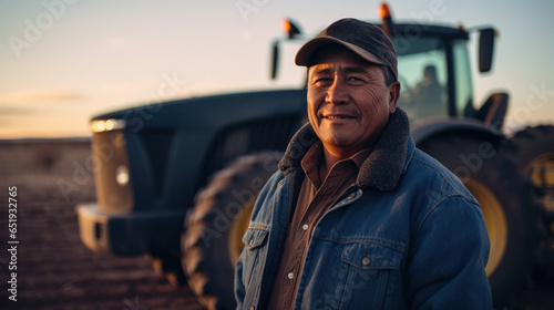 Valokuva Portrait of a Native American Indian farmer in front of a tractor