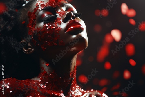A woman with red paint on her face. Can be used for artistic, Halloween, or makeup-themed projects.