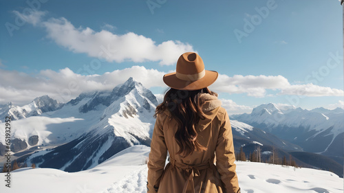 Winter wanderlust: Young traveler in hat gazes at snow-covered forest peaks. Scenic adventure in nature. Design AI.