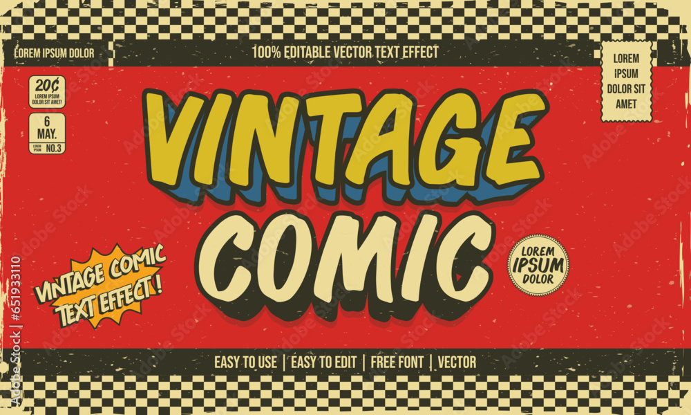 shabby worn vintage retro editable text effect in superhero cartoon comic style with grunge texture