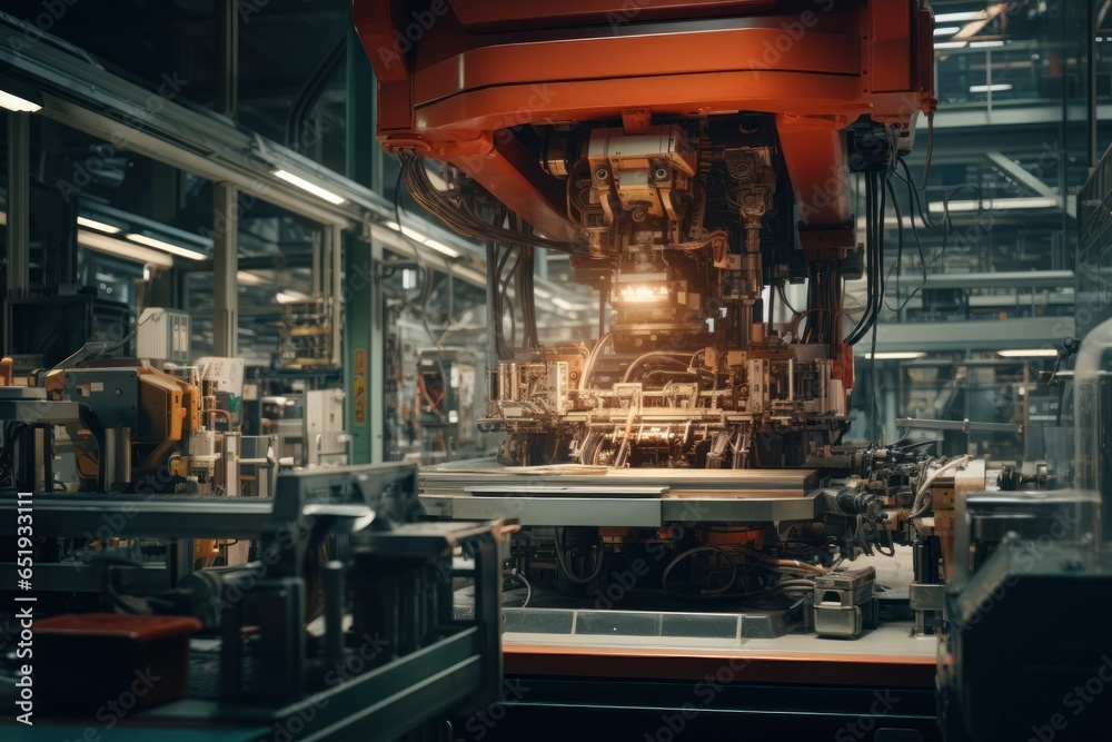 An image of a factory with a large machine located in the center. This picture can be used to illustrate industrial processes and manufacturing operations.