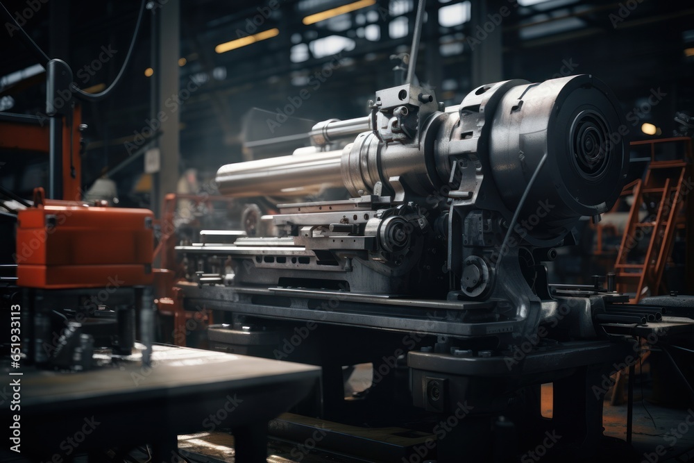 A picture of a machine in a factory with a red box in the background. This image can be used to depict industrial processes and manufacturing.