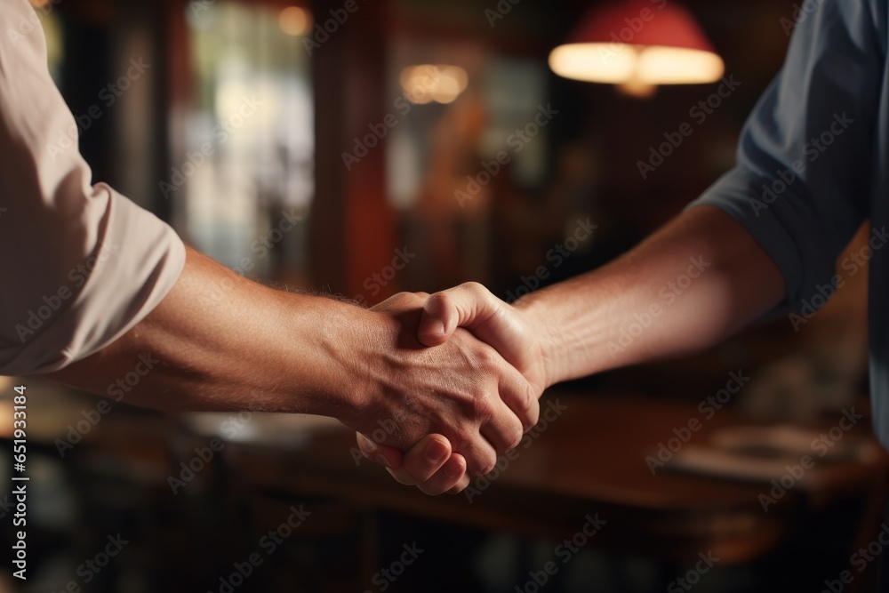 A close-up photograph capturing the moment two people shake hands. This image can be used to represent partnerships, agreements, and business relationships.