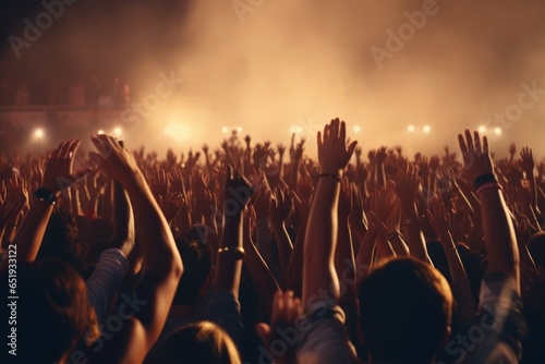 A vibrant image capturing a crowd of people joyfully raising their hands in the air. Perfect for illustrating celebration, unity, and excitement. Ideal for use in event promotions, party invitations, 