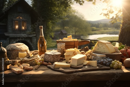 A wooden table adorned with an assortment of delicious cheeses and a variety of wine bottles. Perfect for food and beverage presentations or culinary-themed projects.