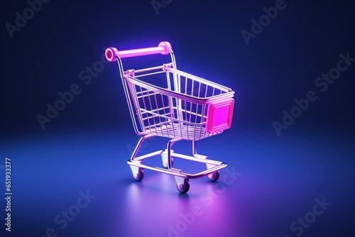 A picture of a shopping cart on a blue background. This image can be used to represent online shopping, e-commerce, or retail concepts.