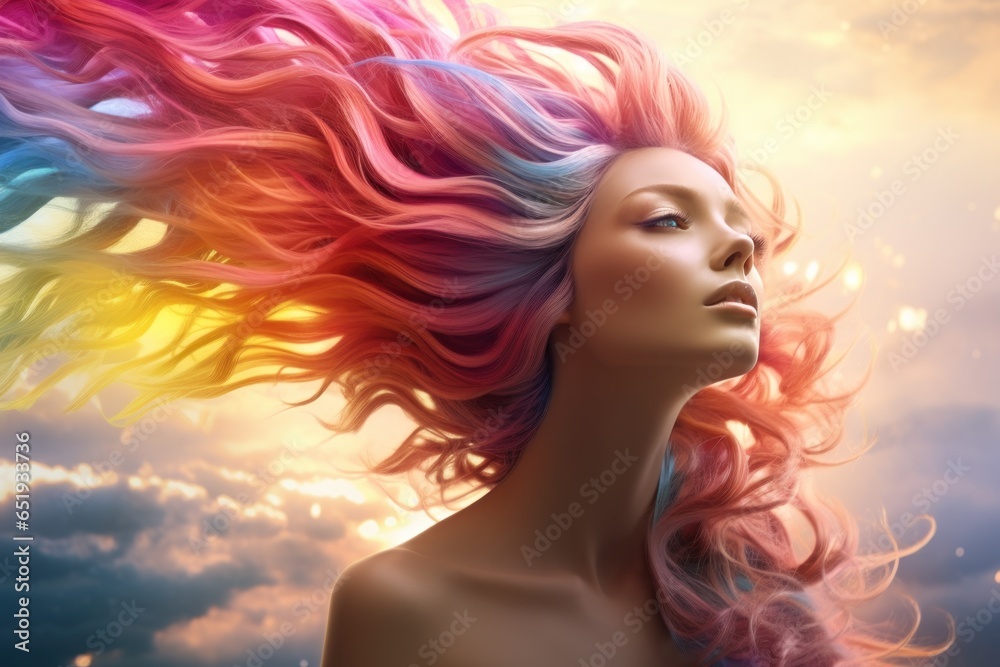A woman with vibrant rainbow colored hair, standing against the wind. This image can be used to represent freedom, individuality, and self-expression. It is suitable for various creative projects and 