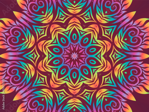 Beautiful colourful caleidoscope gradient batik ethnic dayak flowers line art pattern