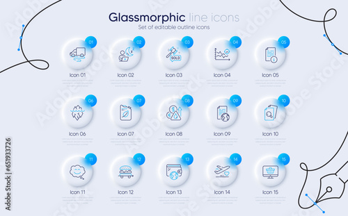 Set of Seo analysis, Fuel price and Shift line icons for web app. Internet document, Wallet, Manual icons. Iceberg, Smile chat, Web shop signs. Auction hammer, Medical flight, Inspect. Vector