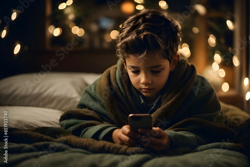 kid with a blanket over his body watching mobile - bedtime, night, engaged, technology