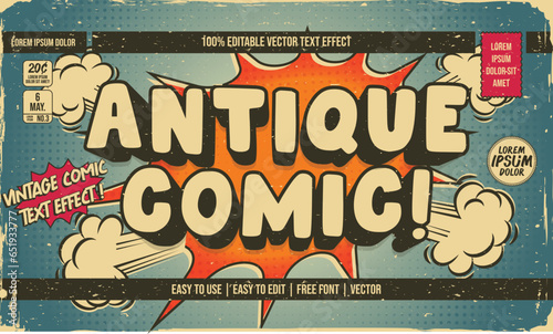 shabby worn vintage retro editable text effect in superhero cartoon comic style with grunge texture and halftone