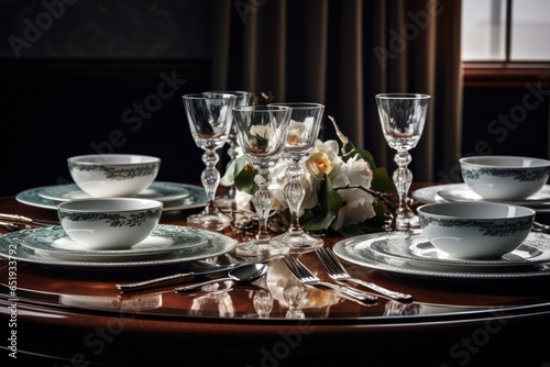 A table with a collection of plates and glasses. Perfect for showcasing a dining setup or event.