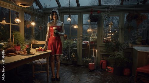 Woman in strange festive Halloween costume in garden house © BerndRolauffs