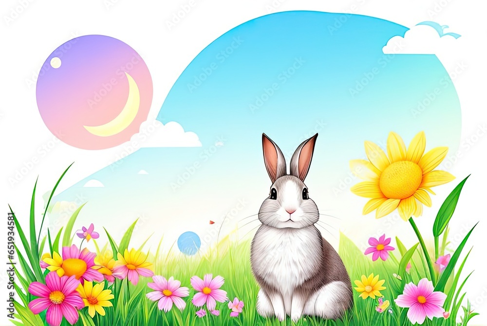 Fototapeta premium Festive Bunny in a Colorful Springtime Celebration. Generative Ai