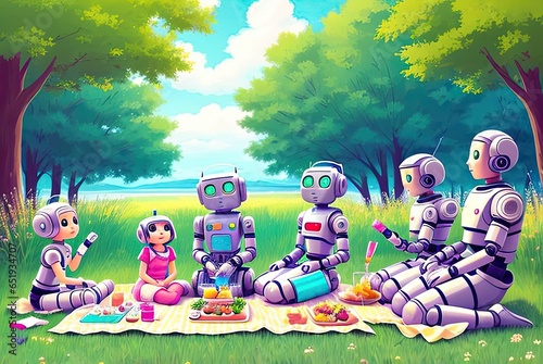 Anthropomorphic robots have a rest outdoor. Generative Ai photo