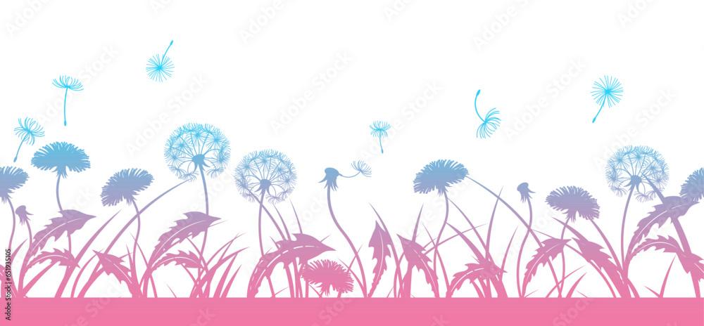 Εκτύπωση καμβά Horizontal seamless background of grass and dandelions, flowers, fluff and leaves