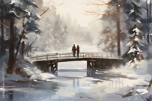 standing on a wooden bridge amidst a snowy landscape, enjoying the tranquil beauty of nature. The bridge is made of wood with horizontal slats and vertical railing photo