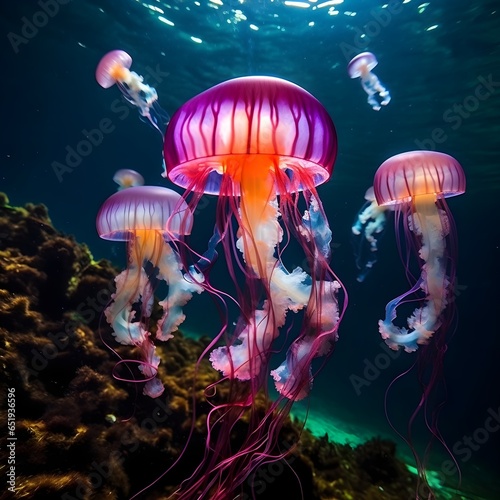 Group of jelly fish gracefully floating in the water photo