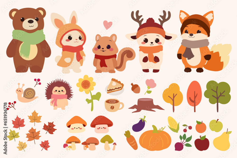 Obraz premium A set of cute woodland animals gathered together in autumn. The animals include a fox, bear, squirrel, hedgehog, deer, and bunny.