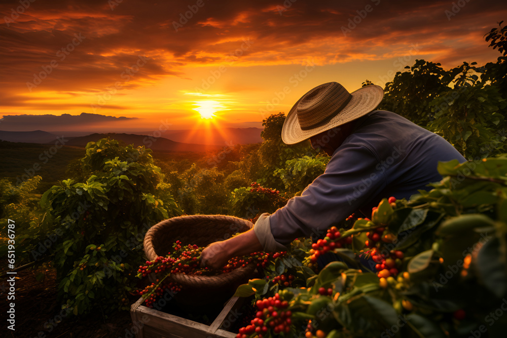 A male farmer harvests coffee beans on a plantation 1 - obrazy, fototapety, plakaty 
