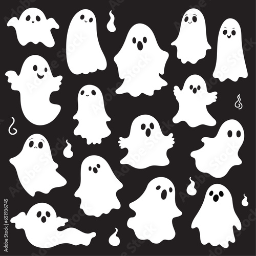 A set of white ghosts on a black background. The ghosts are different shapes and sizes, and they have different expressions on their faces.