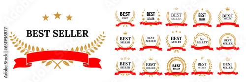 Best seller award stamps set vector illustration. Gold winners badges with black Best seller text and laurel wreath with crown, stars and red ribbons isolated promotion signs collection