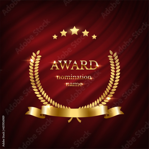 Gold award for winner vector illustration. 3D realistic luxury reward prize with golden laurel wreath and stars, nomination name and ribbon on red silk curtain with drapery, award ceremony emblem