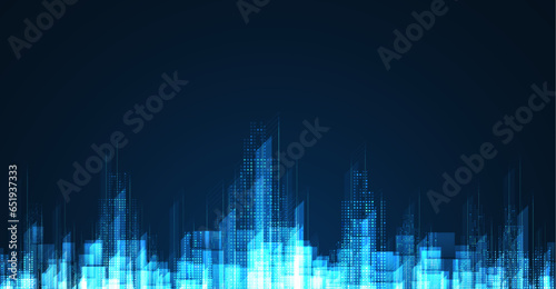 Cityscape on dark blue background with bright glowing neon. Technology city background