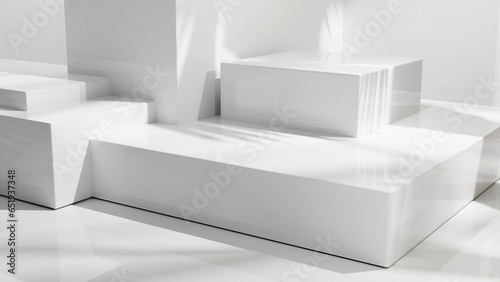 Abstract white geometric shapes background with sunlight and palm leafs shadows, place for product placement and design, white empty table-stage podium, blank white empty space room