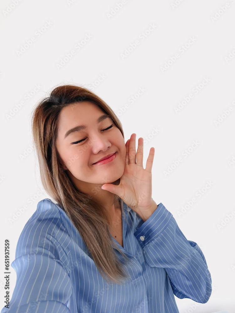 Asian woman take selfie with happy face good day. Asian woman take selfie with happy face good day.