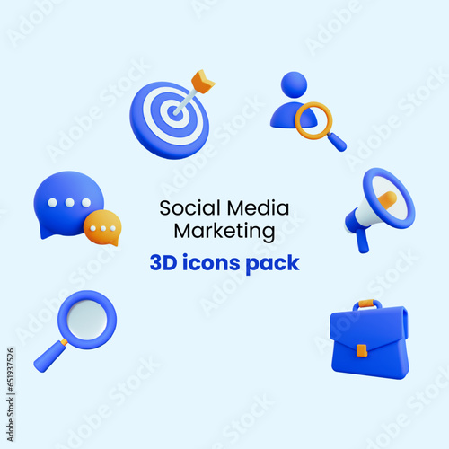 3d business icon set. Trendy illustrations of Digital Business, social media marketing. Render 3d vector objects.
